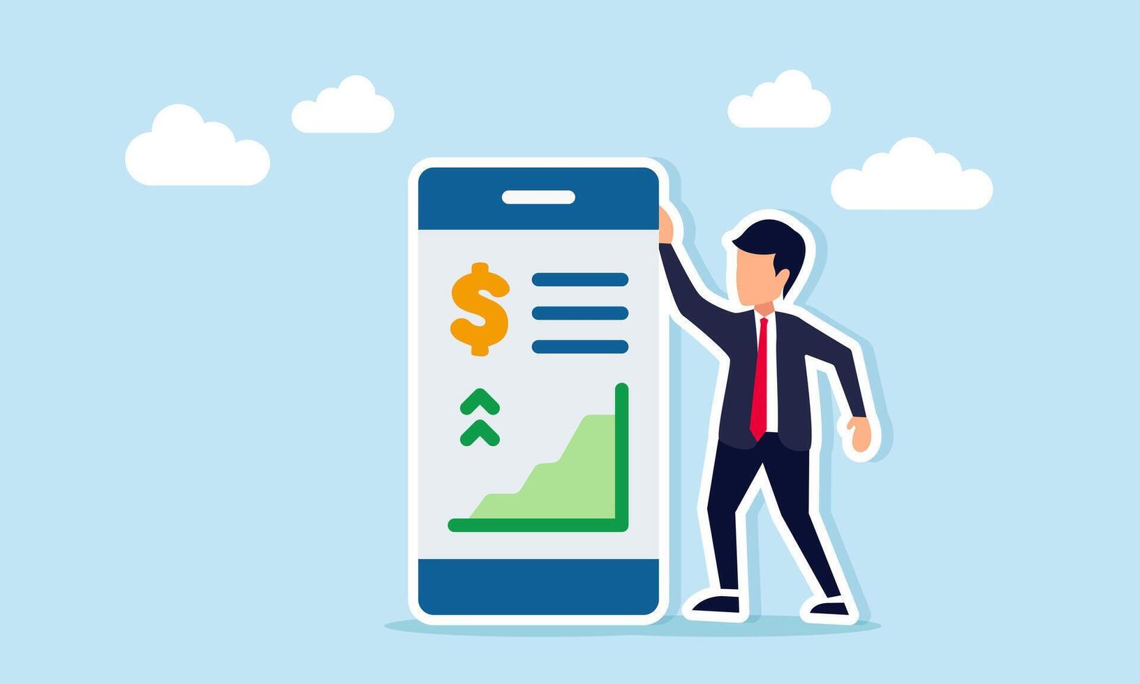 Businessman standing next to an application interface showing dollar signs and a chart, illustration of monitoring and analyzing business financial conditions vector