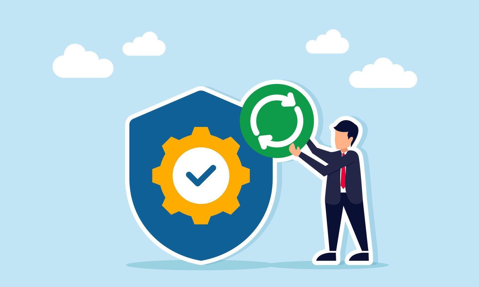 Businessman holding a continuous symbol beside a shield marked with a gear and check mark, illustration of ongoing work protection and insurance vector