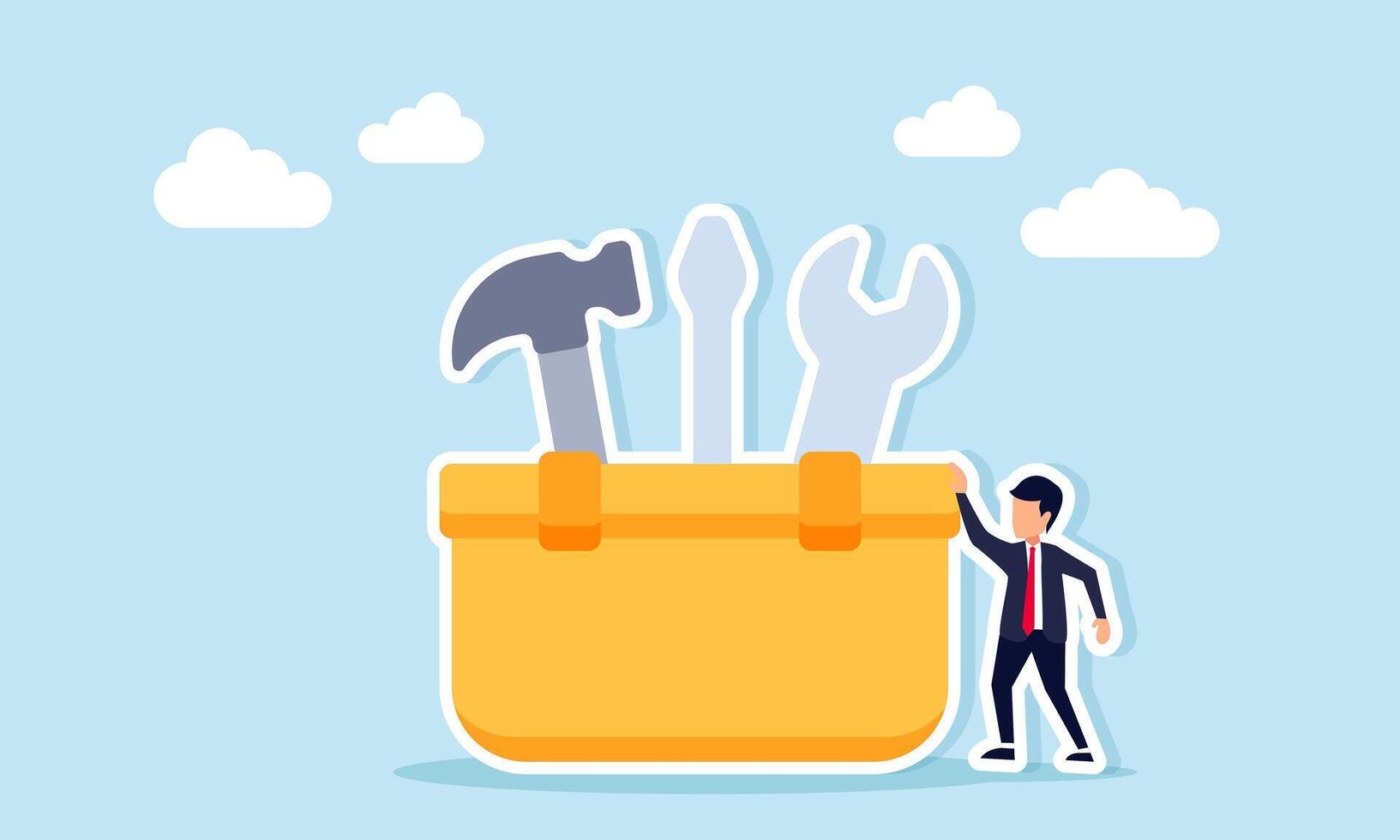Businessman standing next to a tool kit box containing a screwdriver, hammer, and wrench, illustration of being ready to perform business maintenance vector