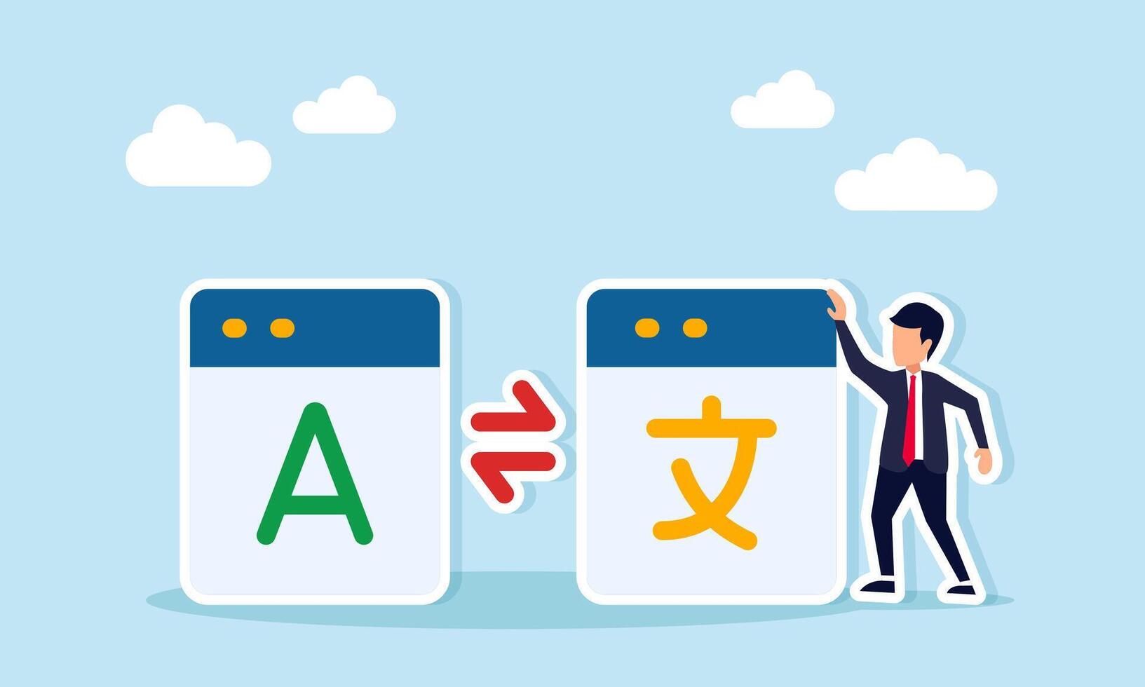 Businessman standing next to information exchange between two language apps, illustration of cultural acculturation or globalization in language vector