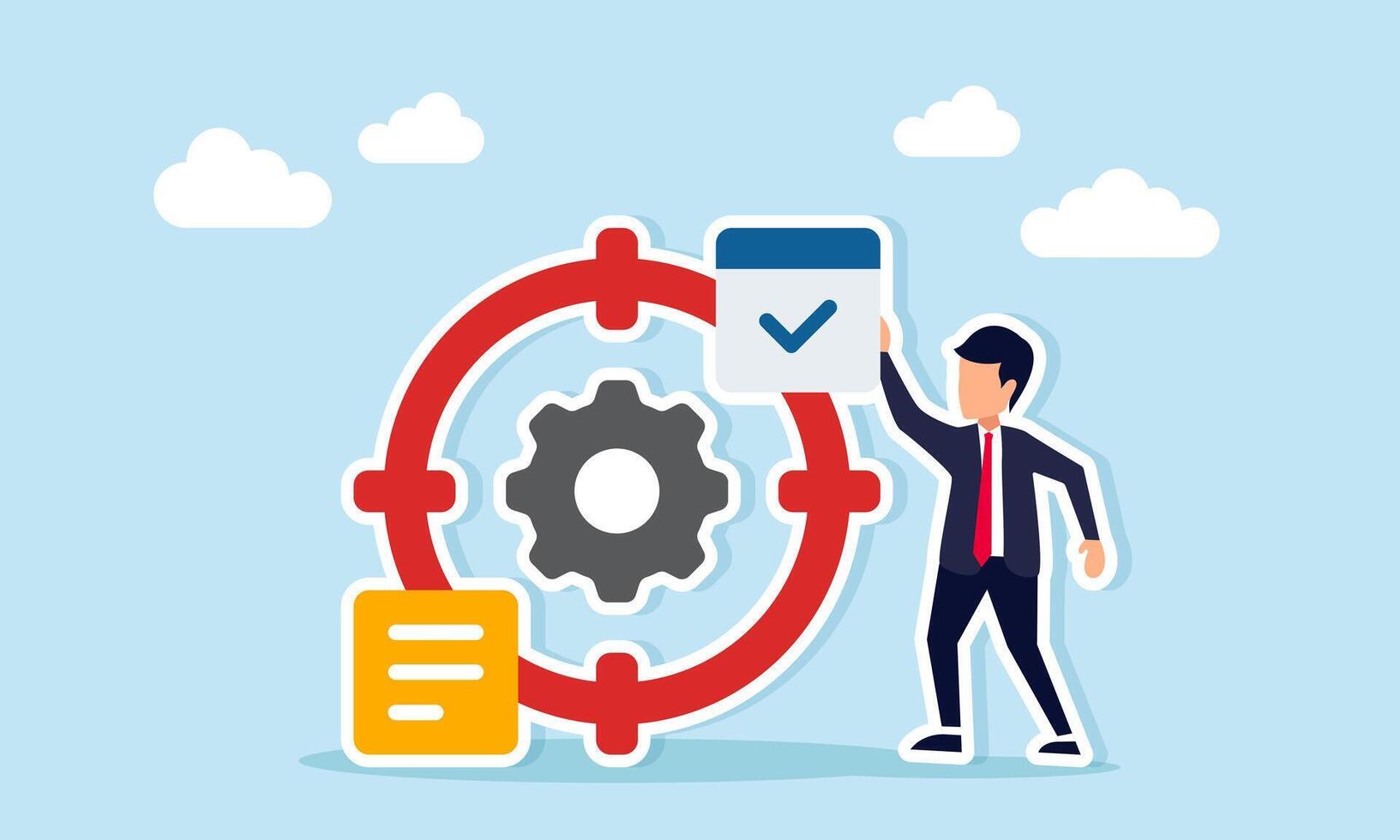 Businessman standing next to a target sign with a gear and note, illustration of setting business goals and recording strategies to achieve them effectively vector