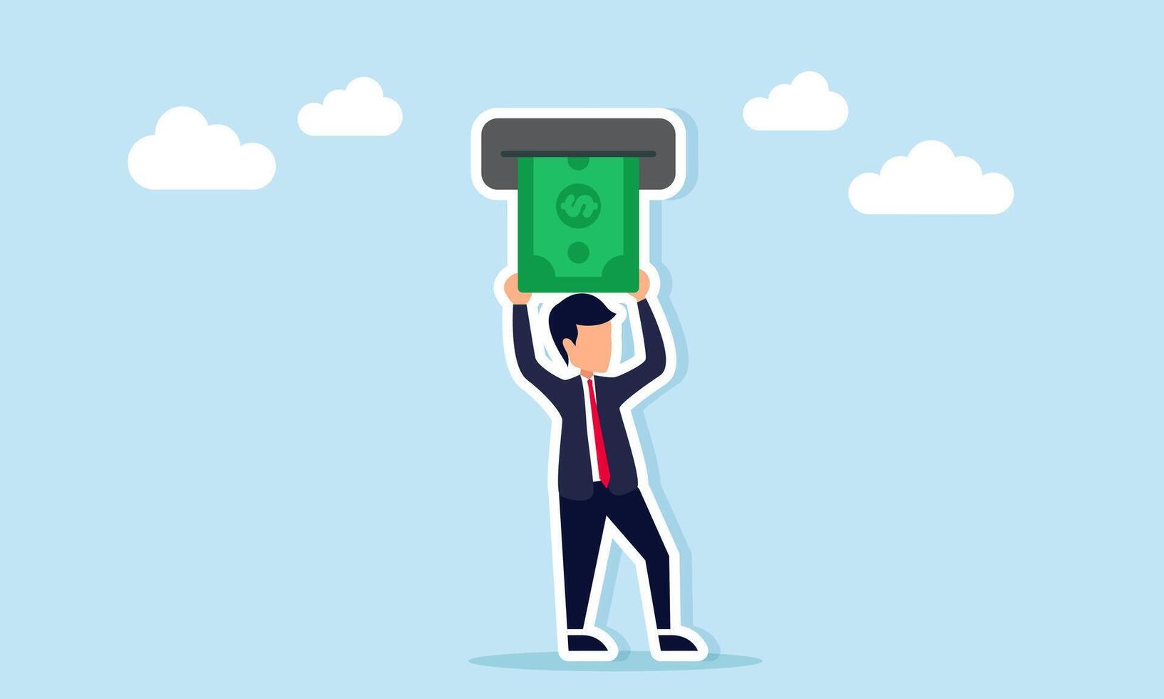Businessman withdrawing money from an ATM, illustration of maintaining financial stability and ensuring access to secure and reliable cash flow management vector