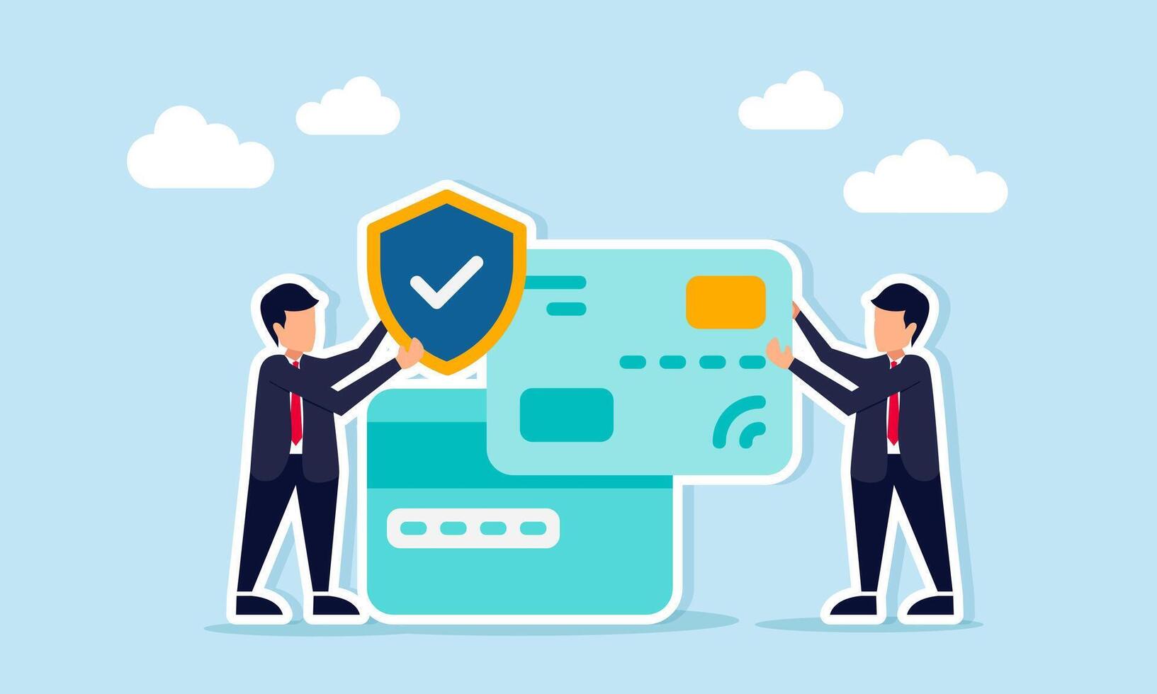 Businessman holding a debit or credit card beside other cards, while another businessman holds a shield with a check mark, illustration of secure cashless transactions vector