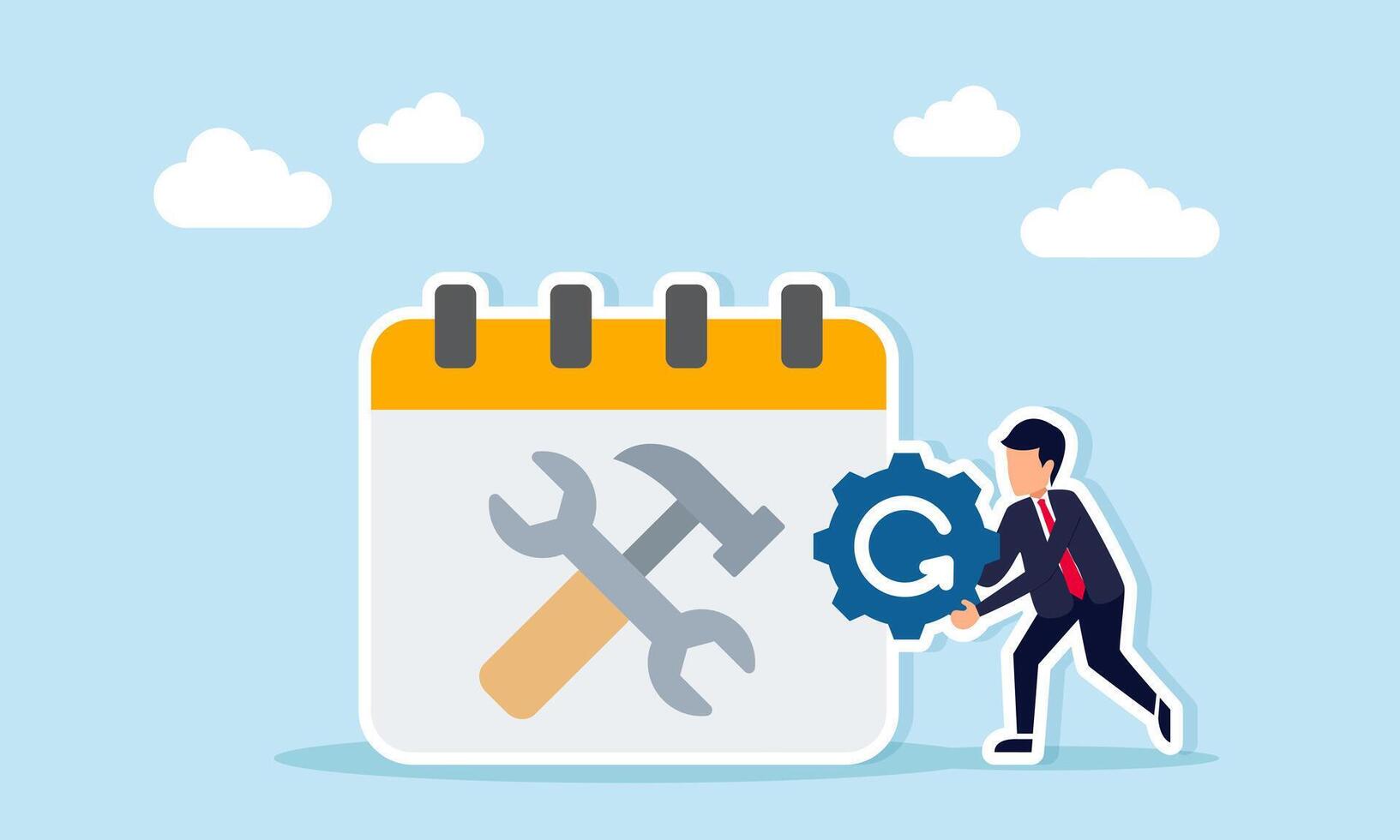 Businessman standing next to a calendar marked with a hammer and wrench, holding a gear with a continuous symbol, illustration of scheduled business maintenance vector