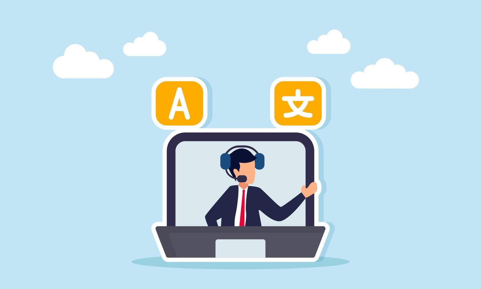 Businessman inside a laptop wear headphones share information about a chat dialog marked with Chinese and alphabet symbols, illustration of a digital and online language translator vector