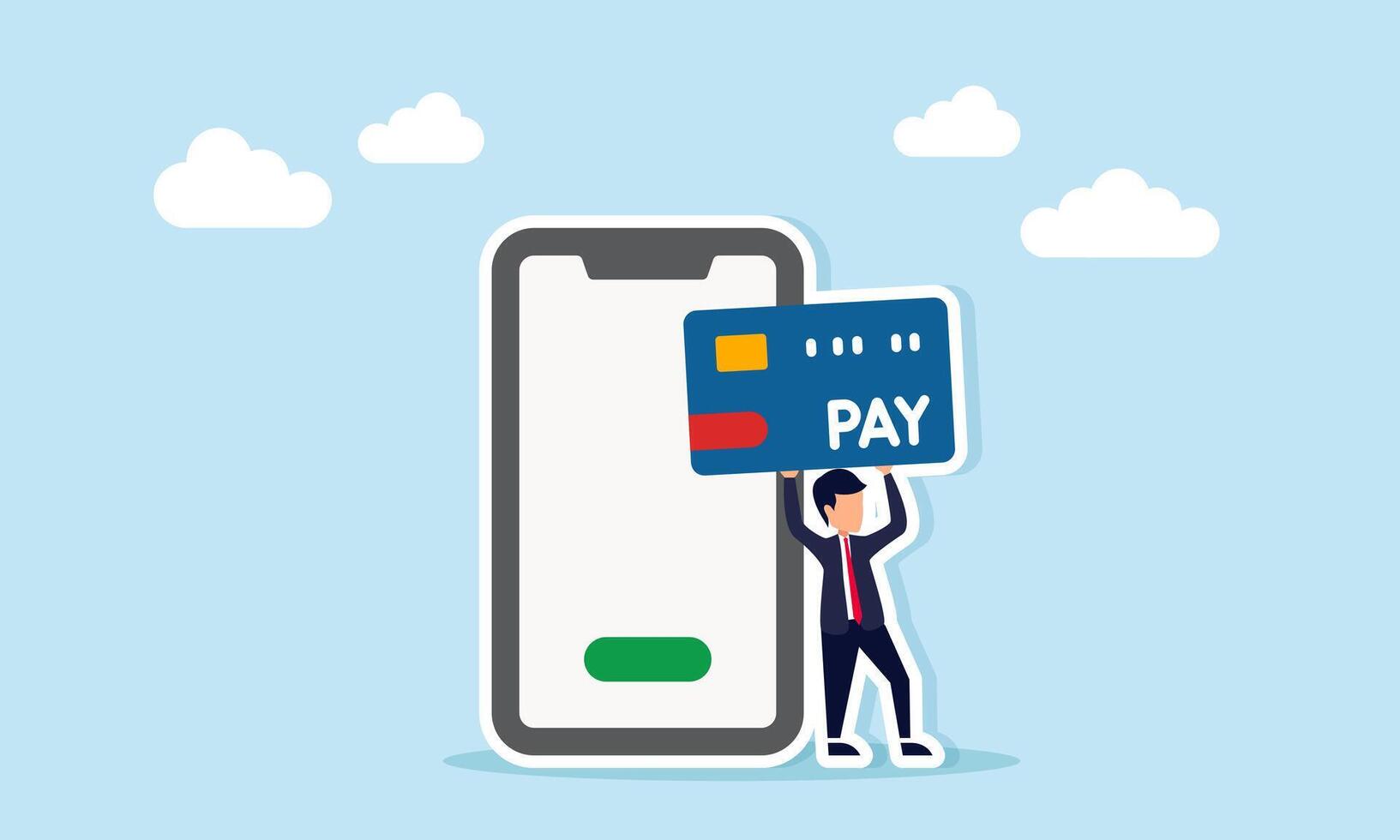 Businessman holding a credit or debit card labeled PAY near a smartphone, illustration of a cashless and technology-based payment system vector