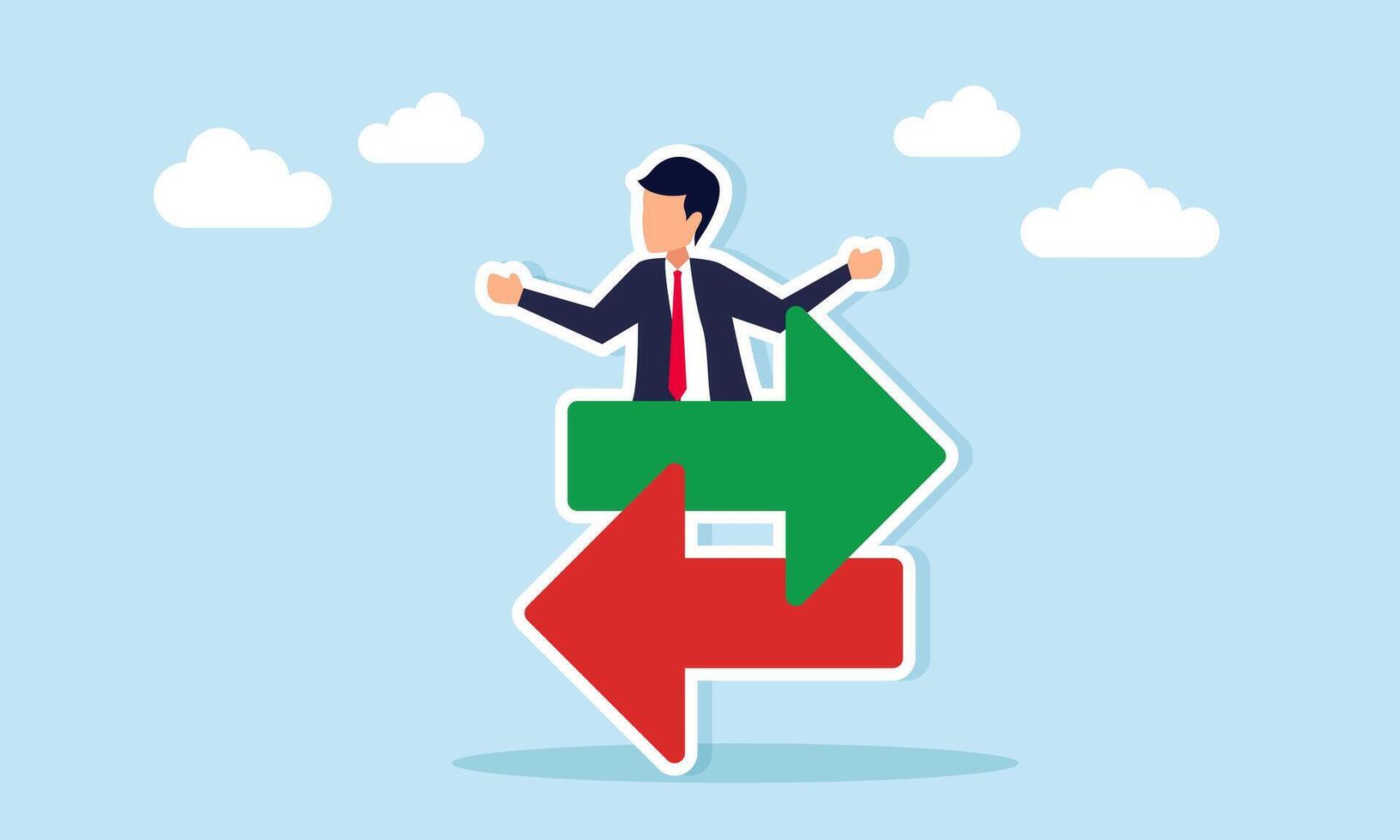 Businessman standing behind an icon of arrows pointing in opposite directions, illustration of business data exchange and information collaboration for growth vector