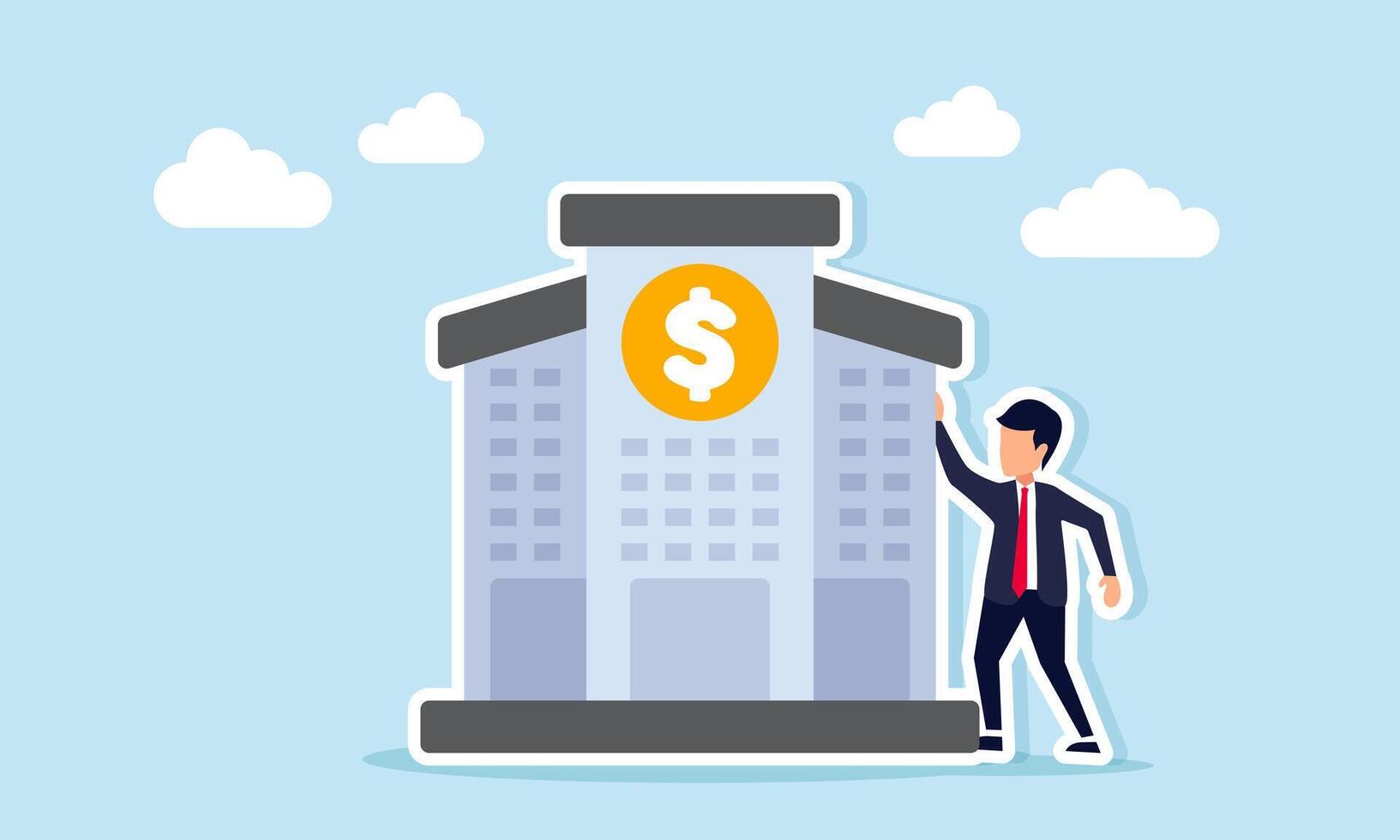 Businessman stands next to a building with a dollar sign, illustration of managing company business finance. vector