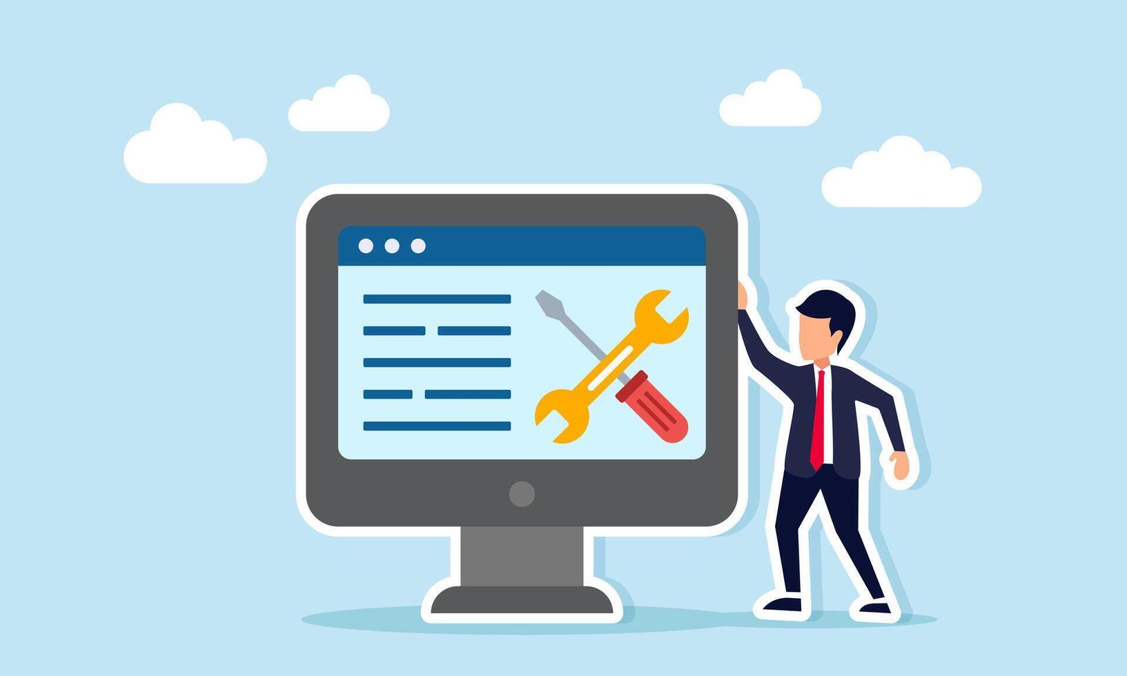 Businessman standing next to a monitor displaying a screwdriver and wrench, illustration of online and digital alarm related to routine service schedule vector