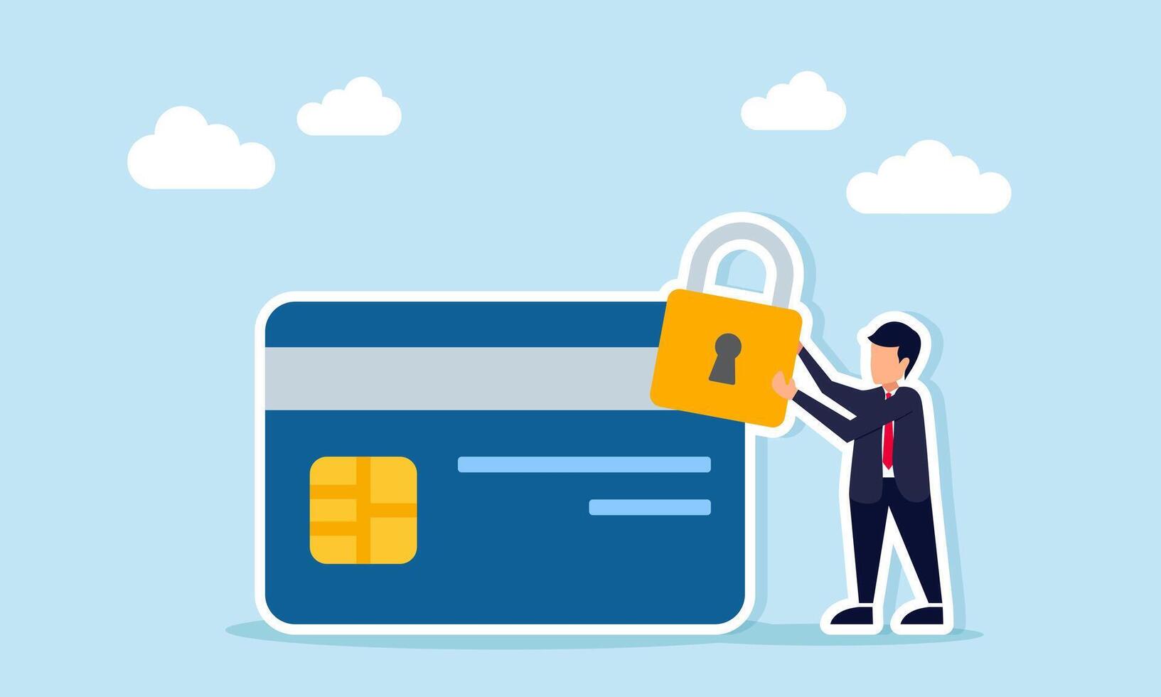 Businessman holding a padlock beside a credit or debit card, illustration of secure cashless transactions and protection in digital financial activities vector