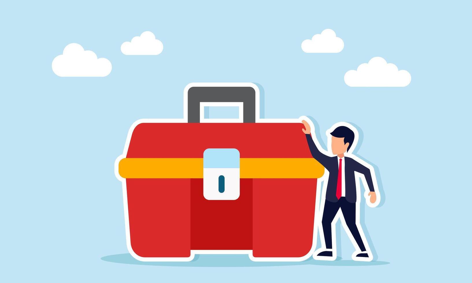Businessman standing next to a tool kit box, illustration of being ready for maintenance in business or industrial settings vector