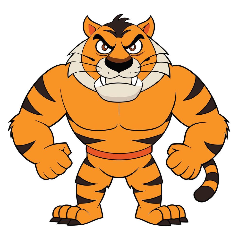 Cartoon tiger mascot with angry expression and muscular build standing proudly vector