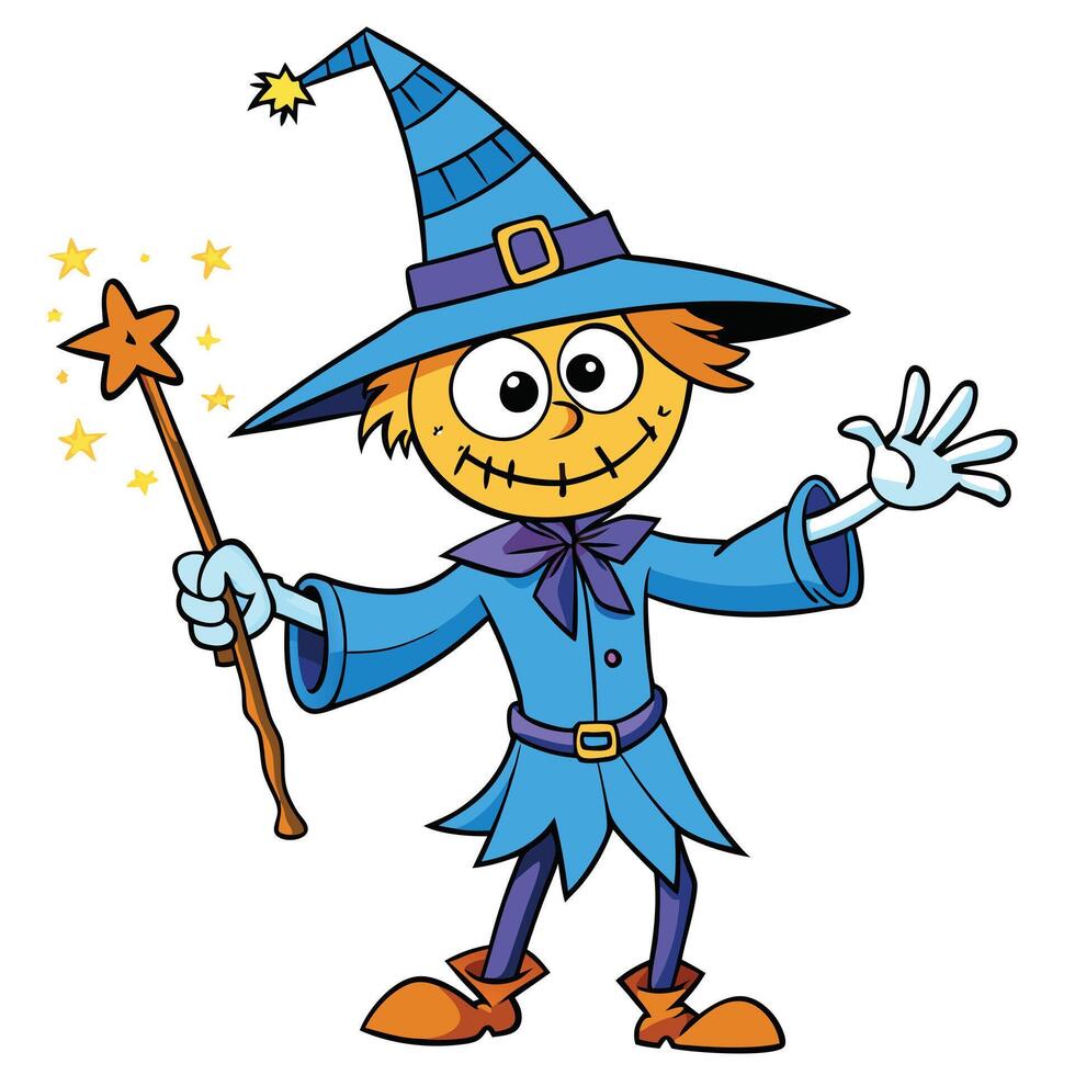 Cartoon wizard character illustration holding a magic wand with stars vector