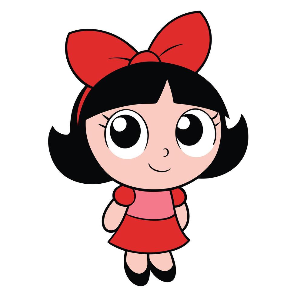 Cute cartoon girl character with big eyes and red bow decoration vector