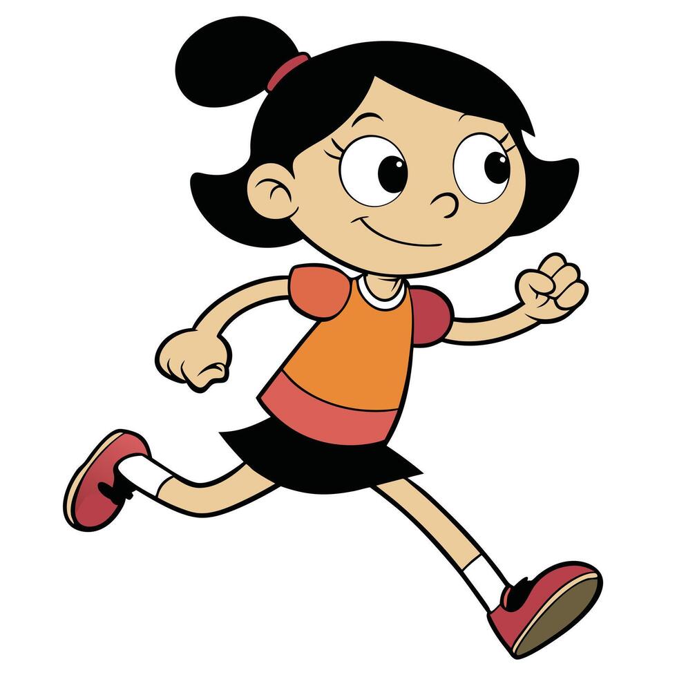 Cartoon girl running illustration cheerful kid character in motion vector