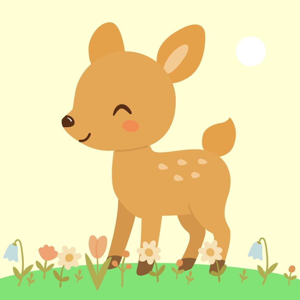 Cute cartoon baby Deer on grass and flowers. illustration for decorating prints. Little forest animal. Kawaii character wildlife deer vector