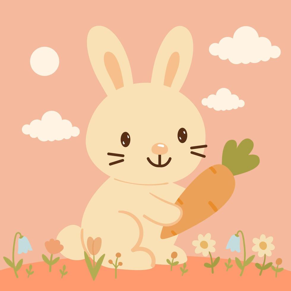 Cute bunny with big carrot in flowers. pink sky and clouds background. Funny rabbit holding carrot. minimalistic design, illustration for books, prints, greeting cards. illustration. vector