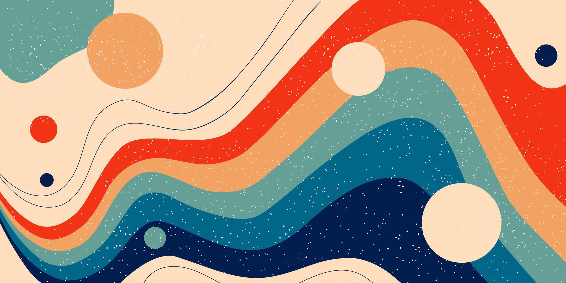 Wavy psychedelic retro banner with colorful stripes. Painted wall with the abstract circles and paint drops. Old-fashioned 1970s design aesthetic, illustrations. vector