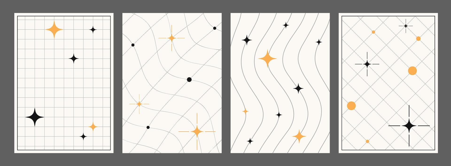 Retro vertical posters, set of techno backgrounds and paper covers in y2k aesthetics. 2000s covers, backdrops and pages with geometric and distorted grids and blinks. design elements. vector