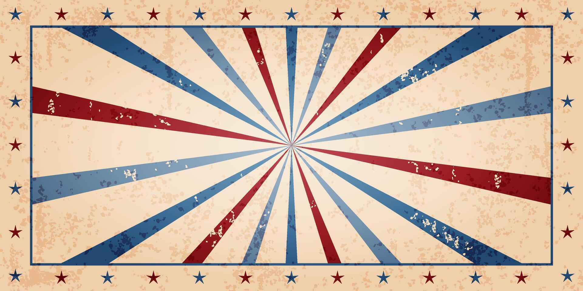 Abstract retro banner with stripes and stars on a grunge texture. Damaged wall in 70s groovy style. American symbolic. old-fashioned background. vector