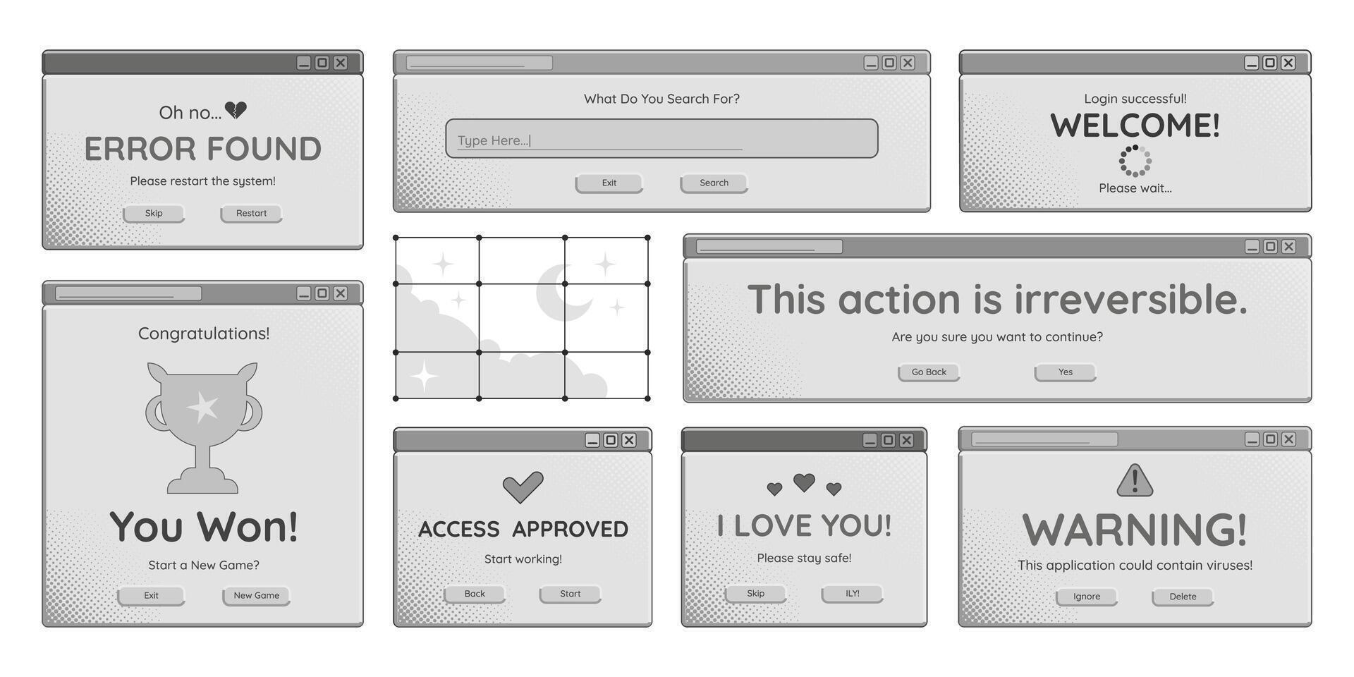 Computer windows graphic monochrome set, retro pc interfaces with text and buttons, decorative dialog screens. illustrations. vector