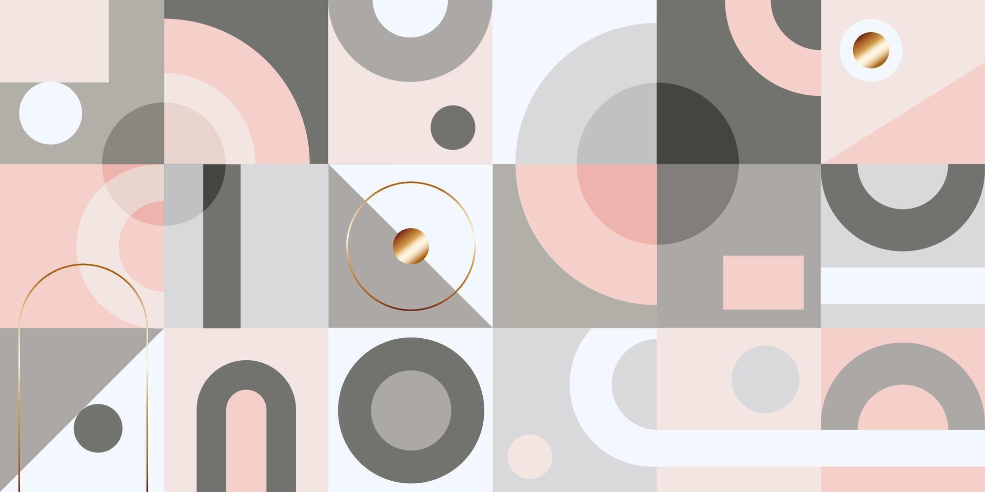 Geometric patterns with abstract shapes and forms in soft pastel colors. Decorative modern banner, art, colorful square tiles with golden decor. illustration. vector