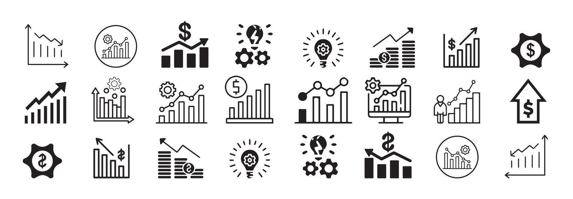 Business failure icon set. Containing bankruptcy, financial crisis, money leak, debt, no money, recession, unpaid bills and more. Solid icons collection vector
