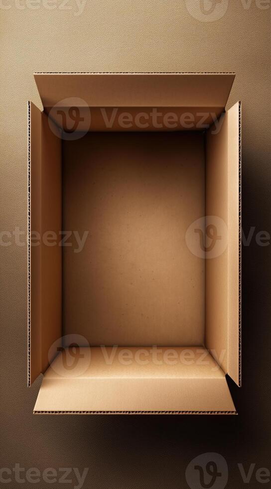 open empty cardboard box top view on brown background photo