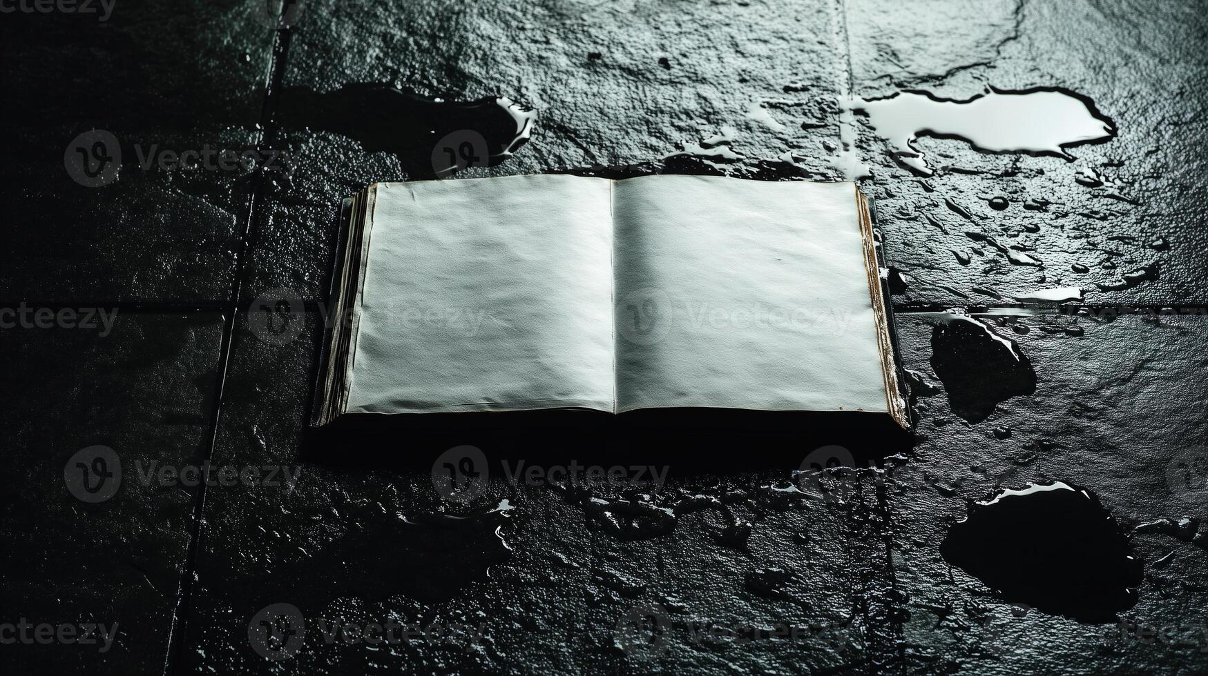 Open book with blank pages lying on wet black stone tiles, moody lighting and dark atmosphere photo