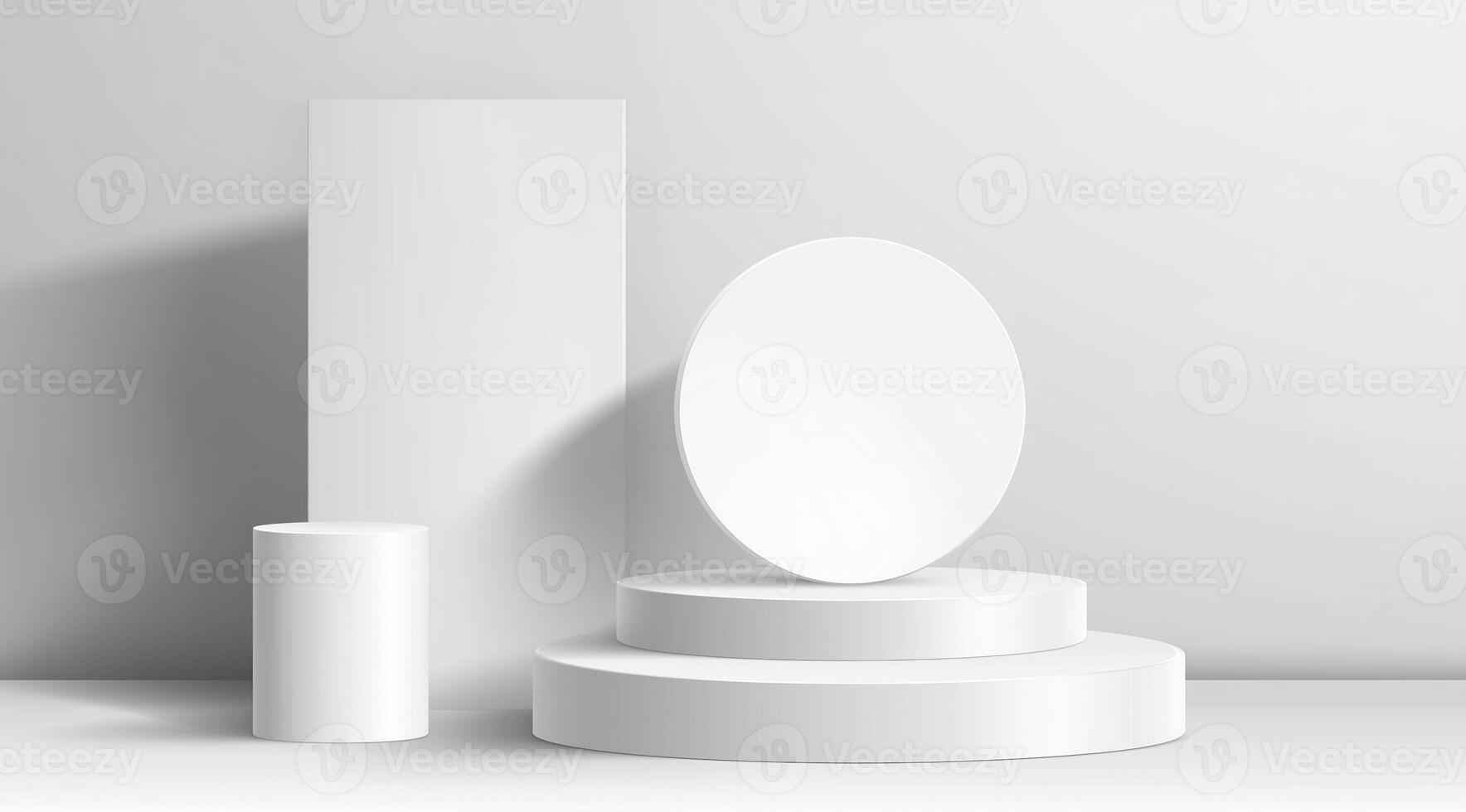 White 3D podium with geometric shapes and soft light photo