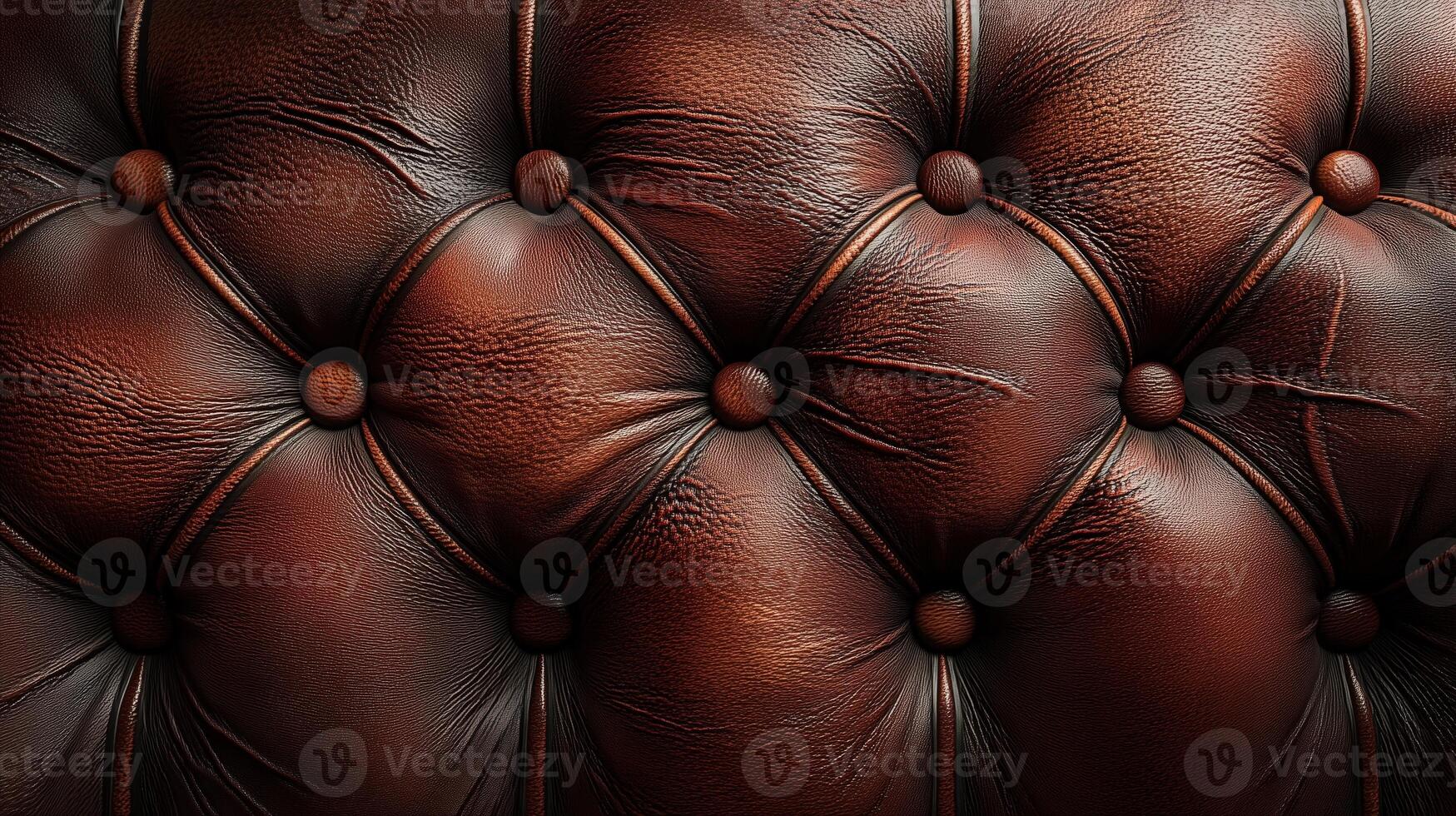 A vintage dark brown leather surface with button tufting, emphasizing its refined texture and sophisticated appeal. photo