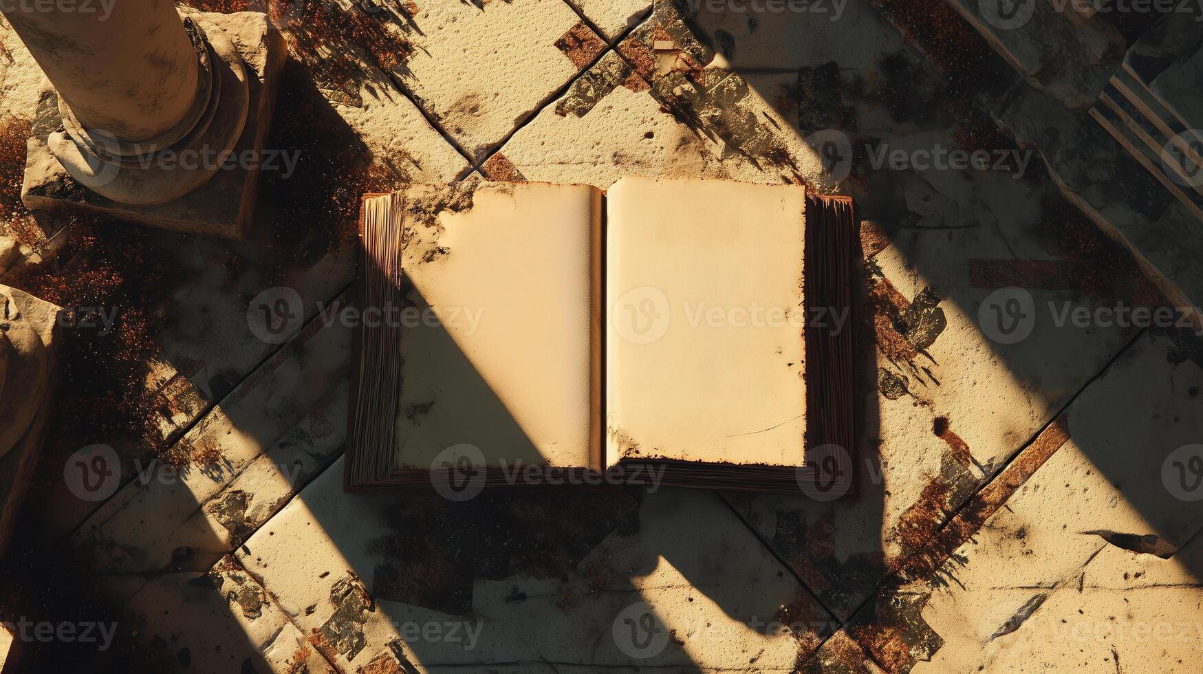 A weathered book lying open on cracked rock in an archaeological setting, bathed in golden light. photo