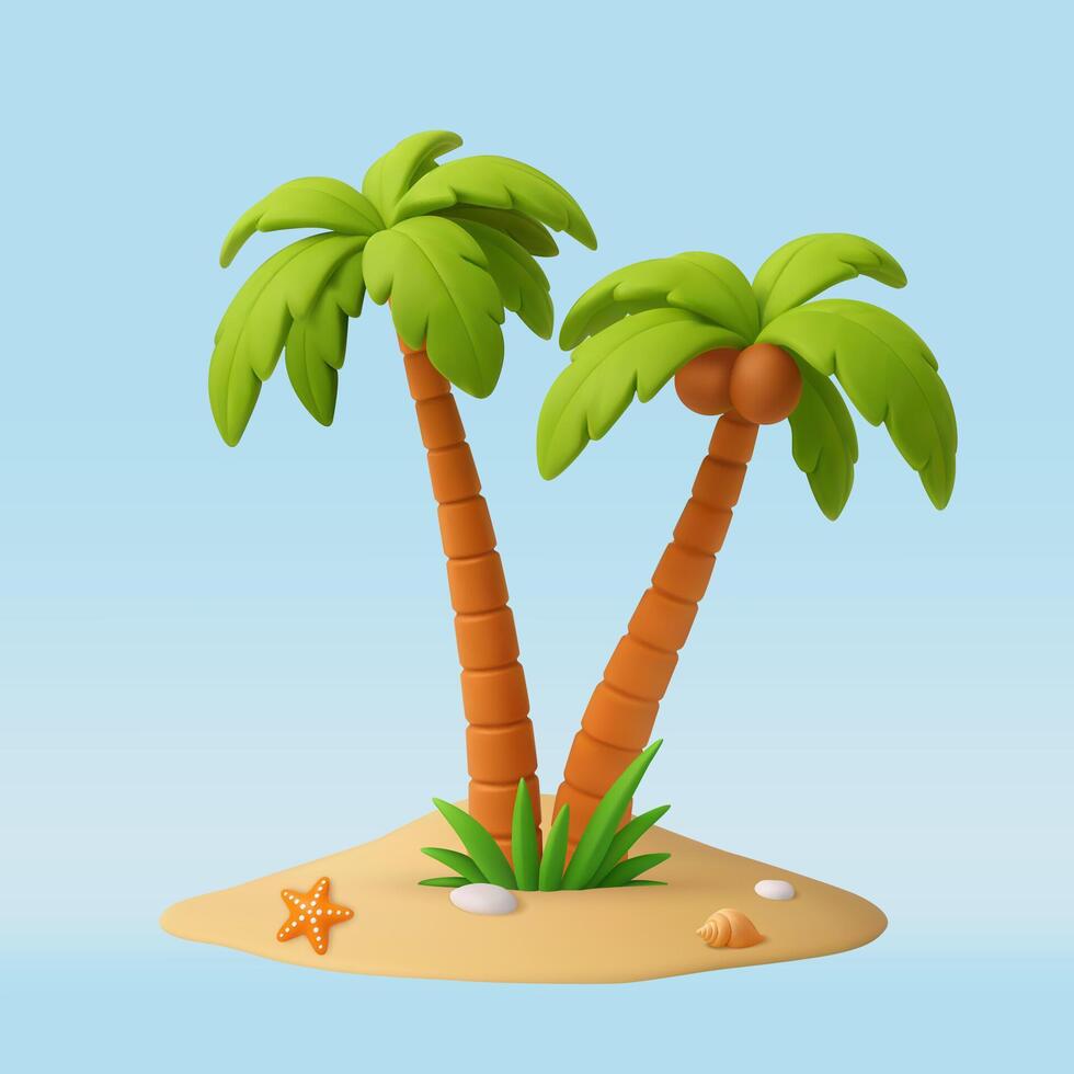 3d palm on piece of land with seashell vector