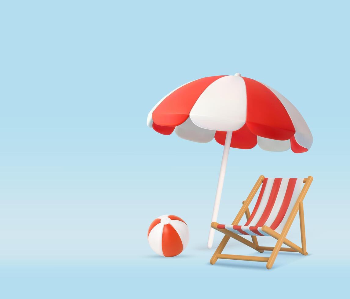3D beach umbrella and chair and beach ball vector