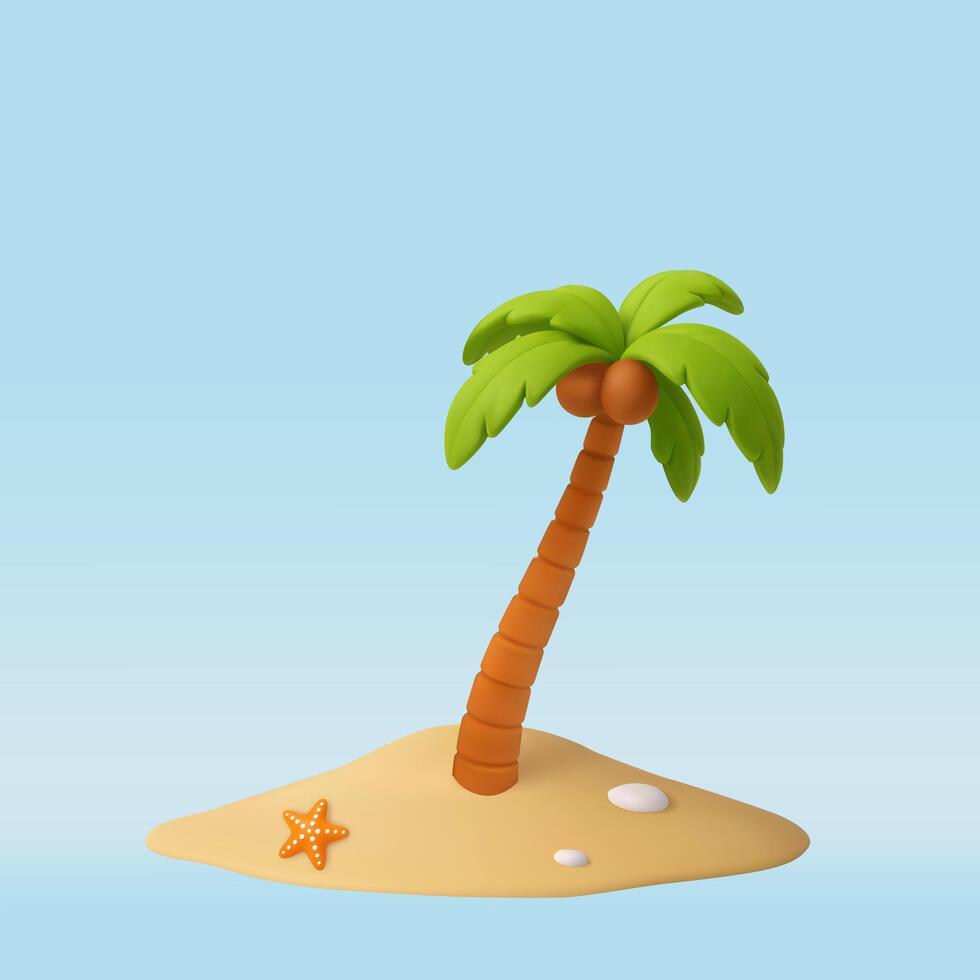 3d palm on piece of land with starfish vector