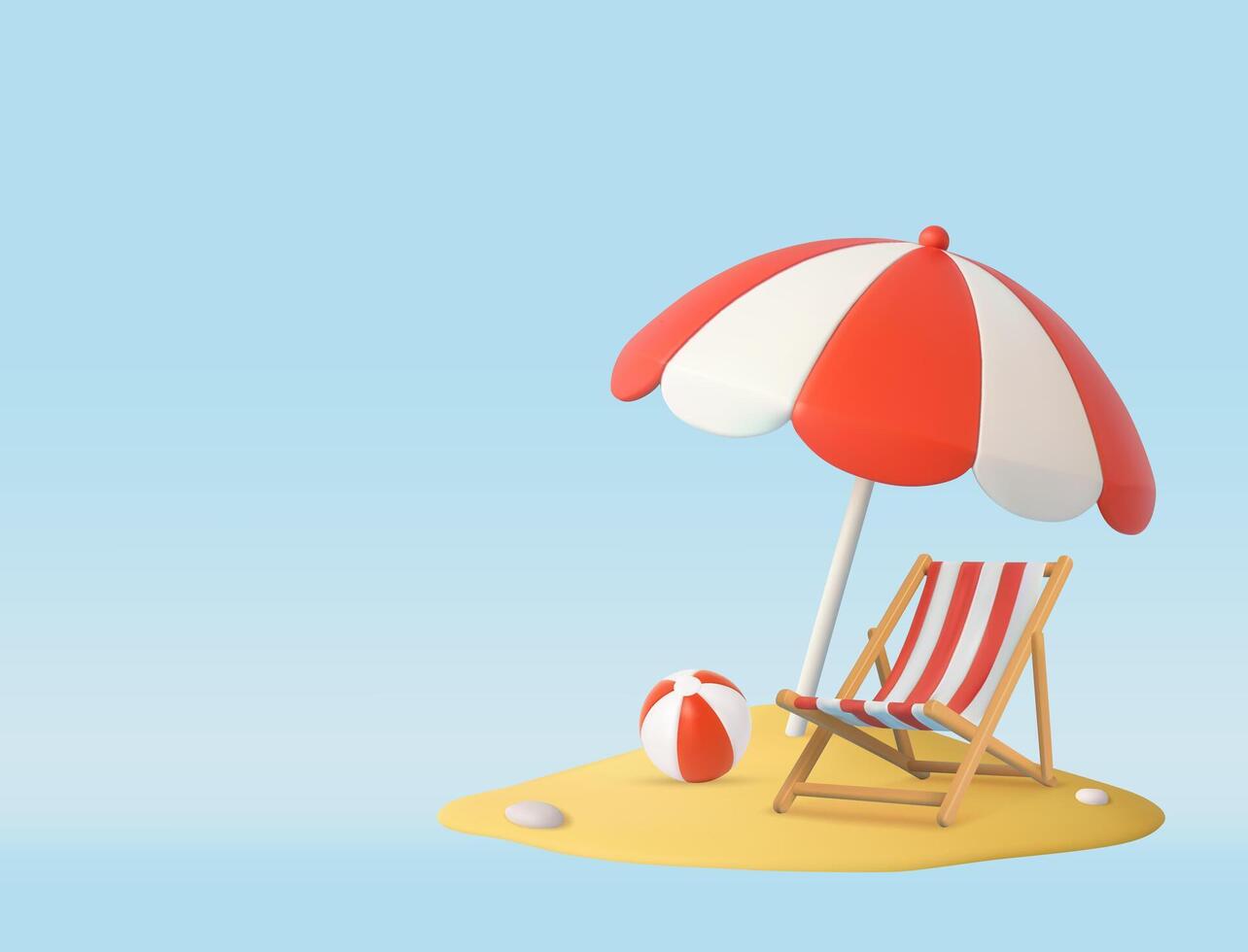 3D beach umbrella and chair and ball. vector