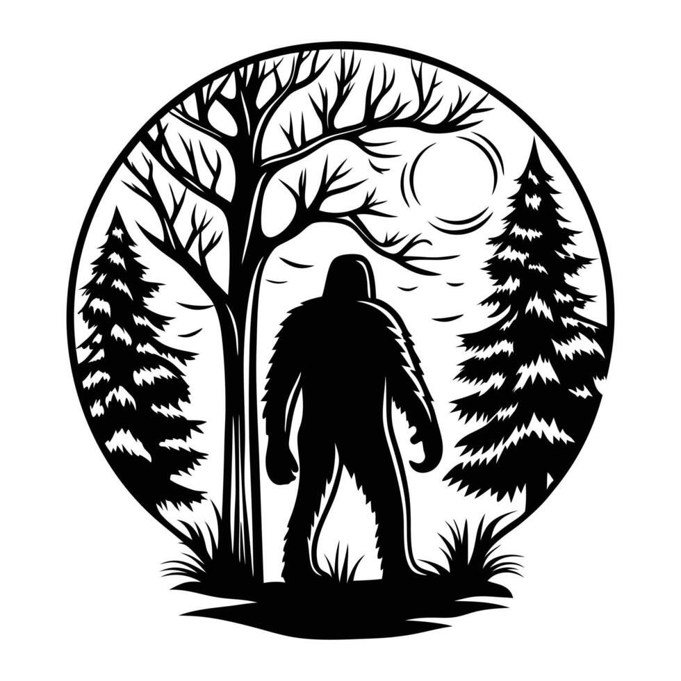 silhouette of bigfoot under full moon forest back vector