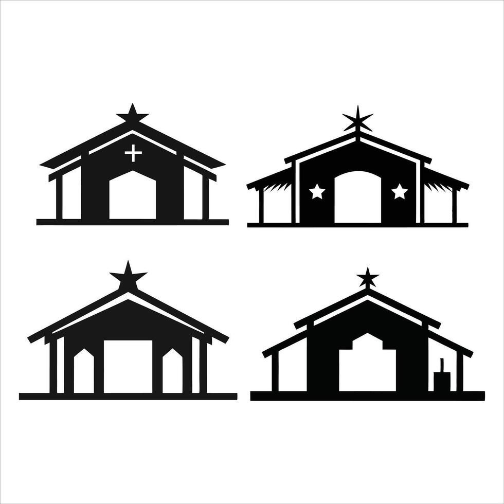 Simple Black Nativity Stable Silhouette on White vector