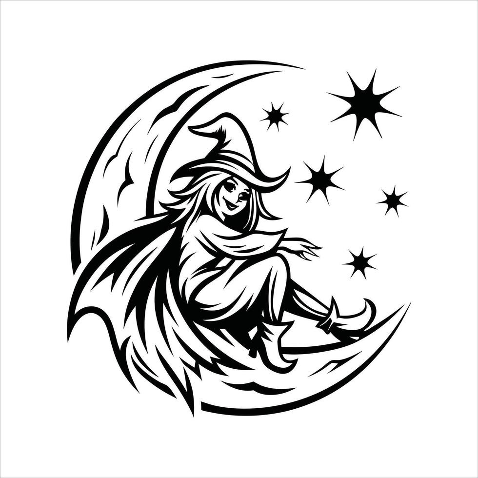 Celestial Witch Sitting on Moon Illustration vector