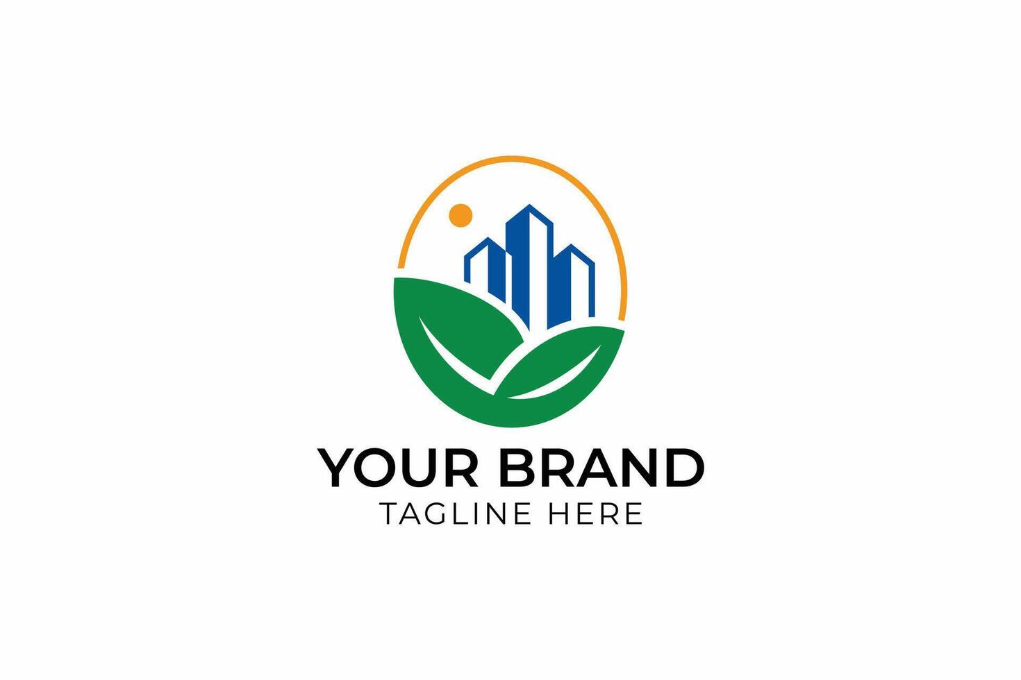 Eco Friendly Property Logo Skyscrapers and Green Leaf Elements for Modern Branding vector