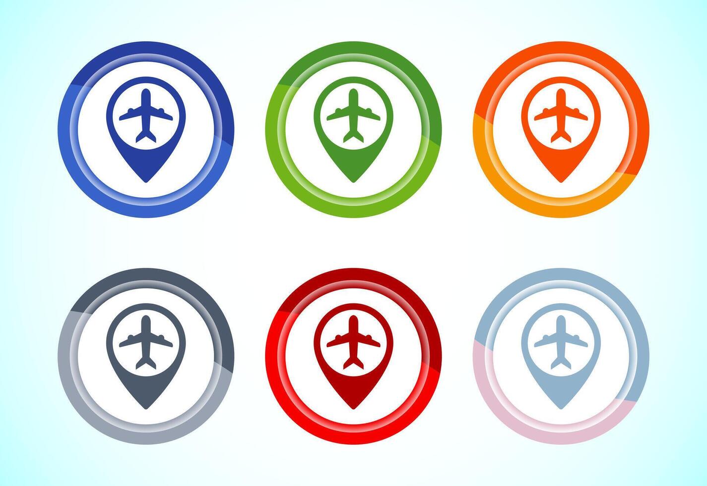 Airplane icon, Flight transport sign symbol, 6 color button design set vector