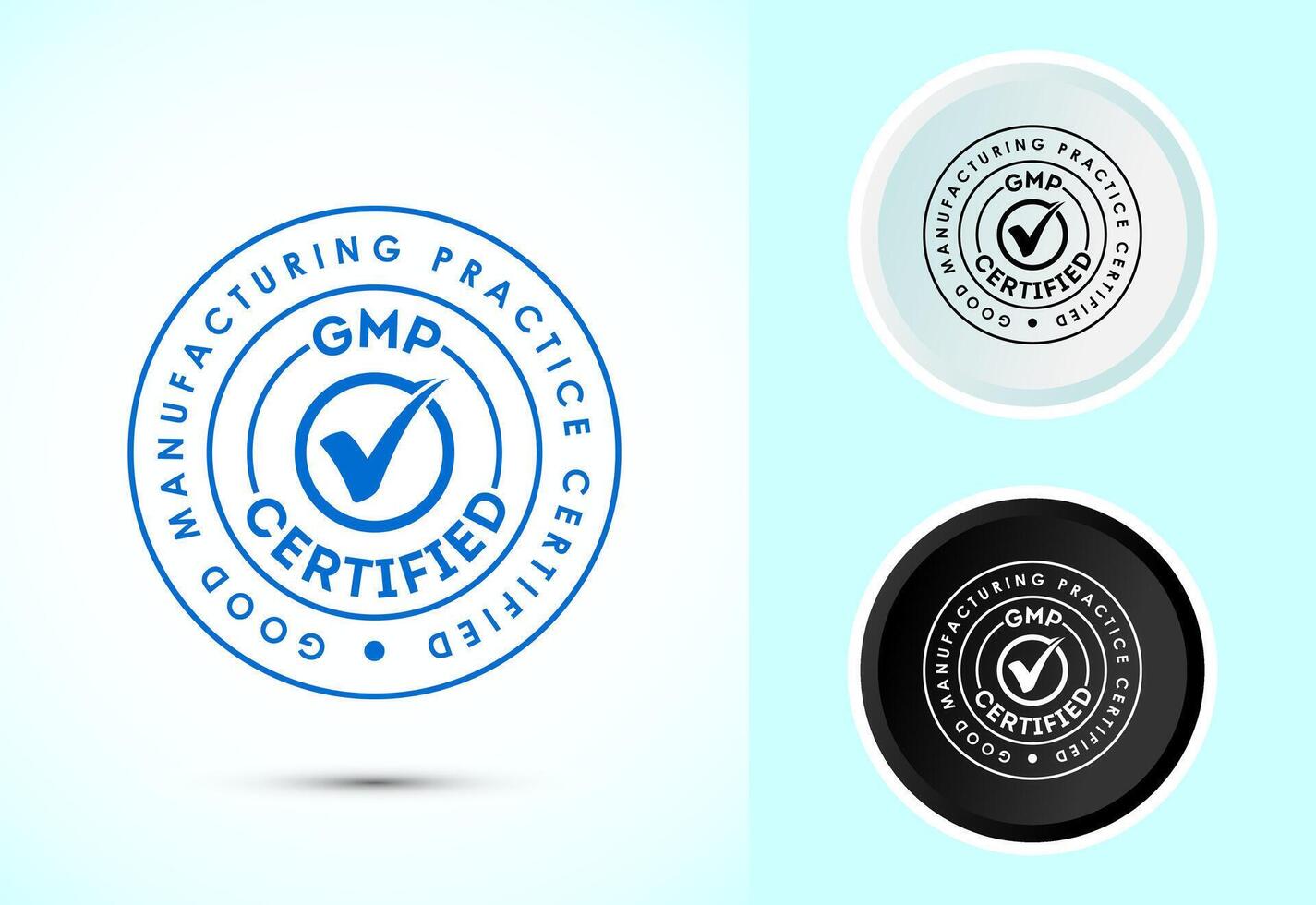 GMP certified icon design. Good manufacturing practice label in color, black and white vector