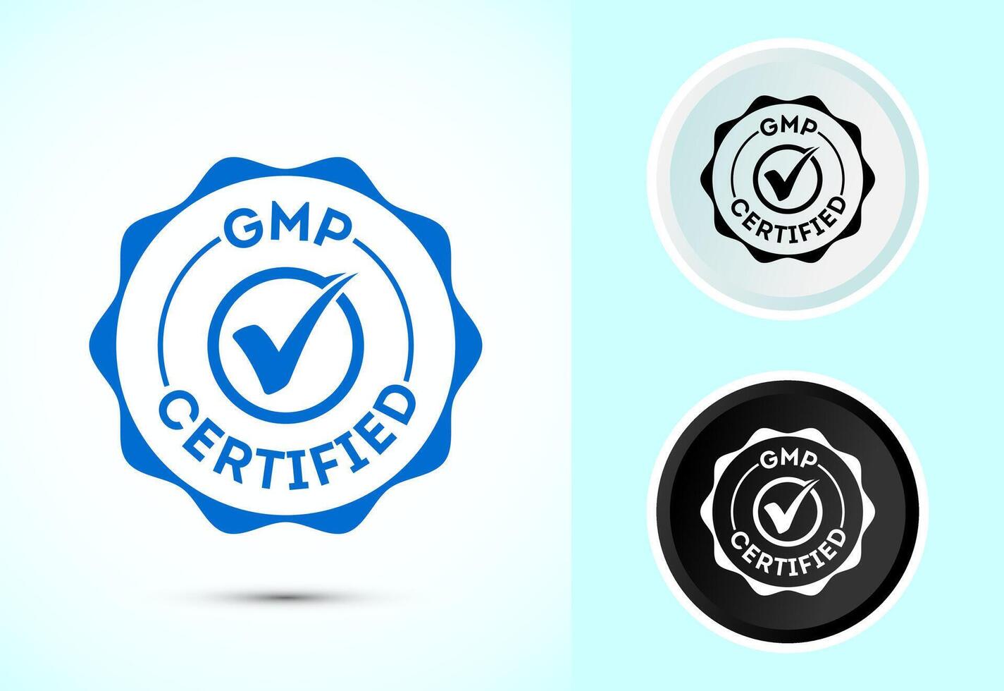 GMP certified icon design. Good manufacturing practice label badge in color, black and white vector