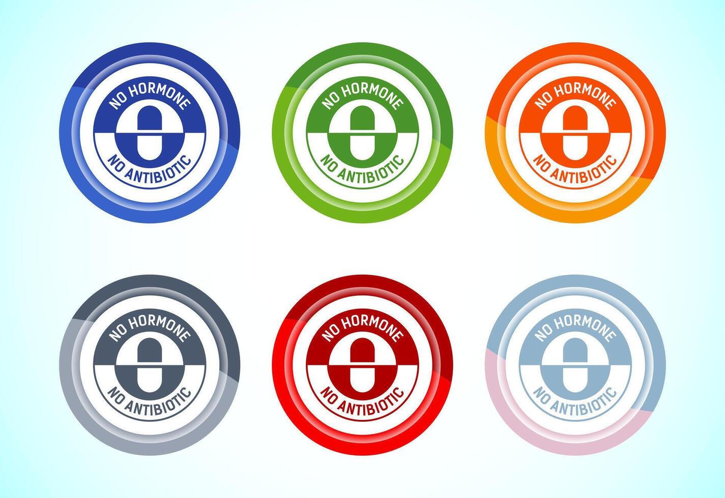 Antibiotic free icon design illustration, No antibiotic label. Organic, natural, 6 color button design set vector