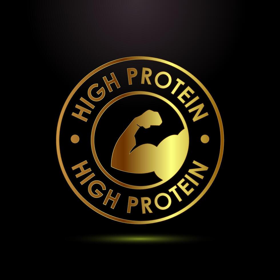 High protein icon design illustration, High protein label design for packaging, Nutrition healthy eating badge in gold color style vector