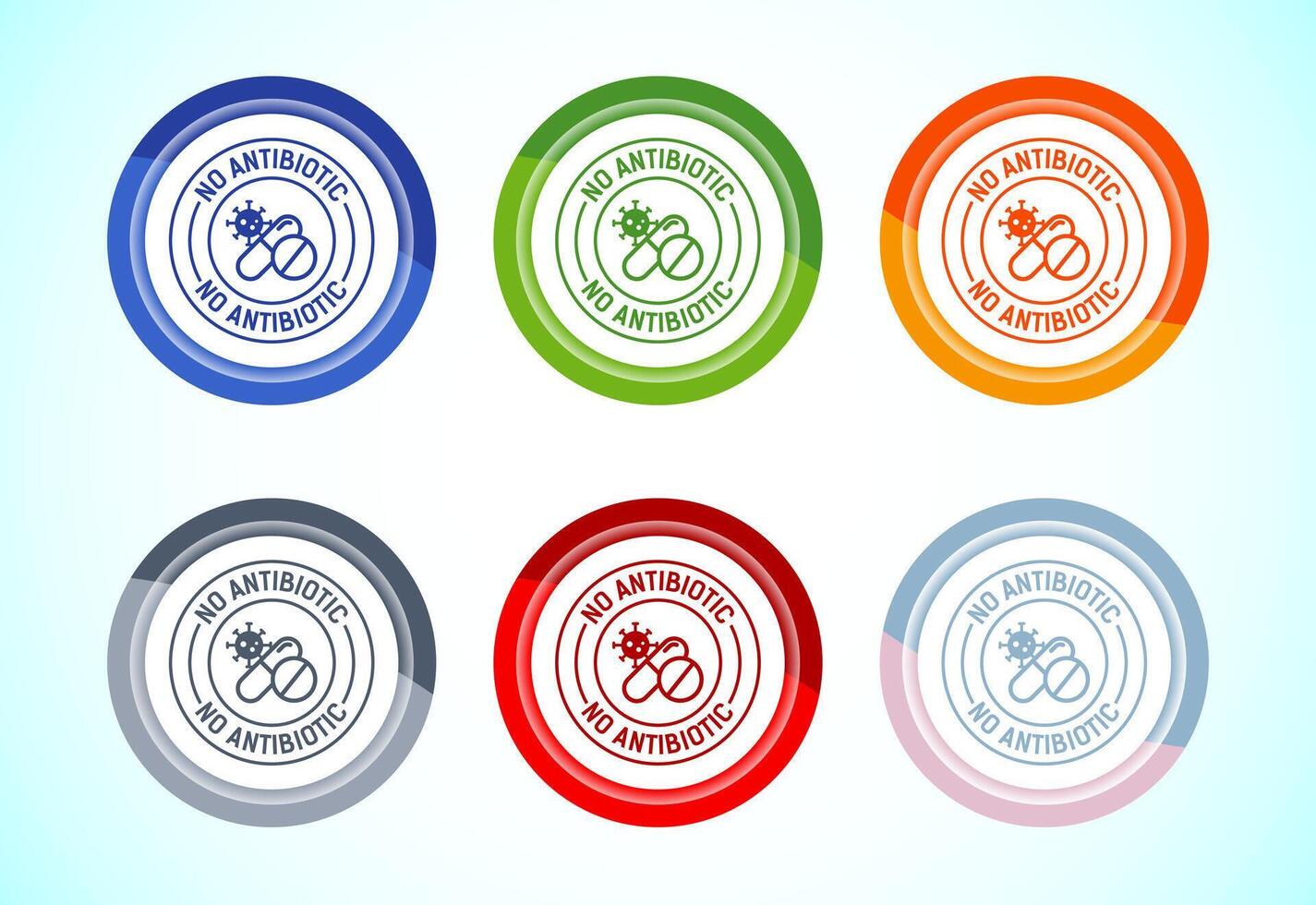 Antibiotic free icon illustration, No antibiotic label. Organic, healthy, natural, 6 color button design set vector