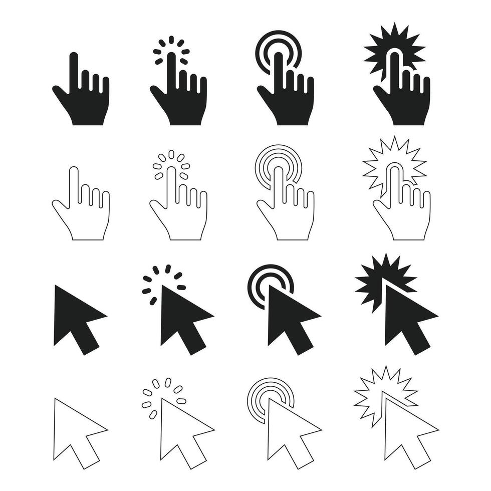 Cursor icon set. Mouse pointer symbol collection. Finger cursor illustration. Pointer and click action outline symbol collection. Editable stroke. vector