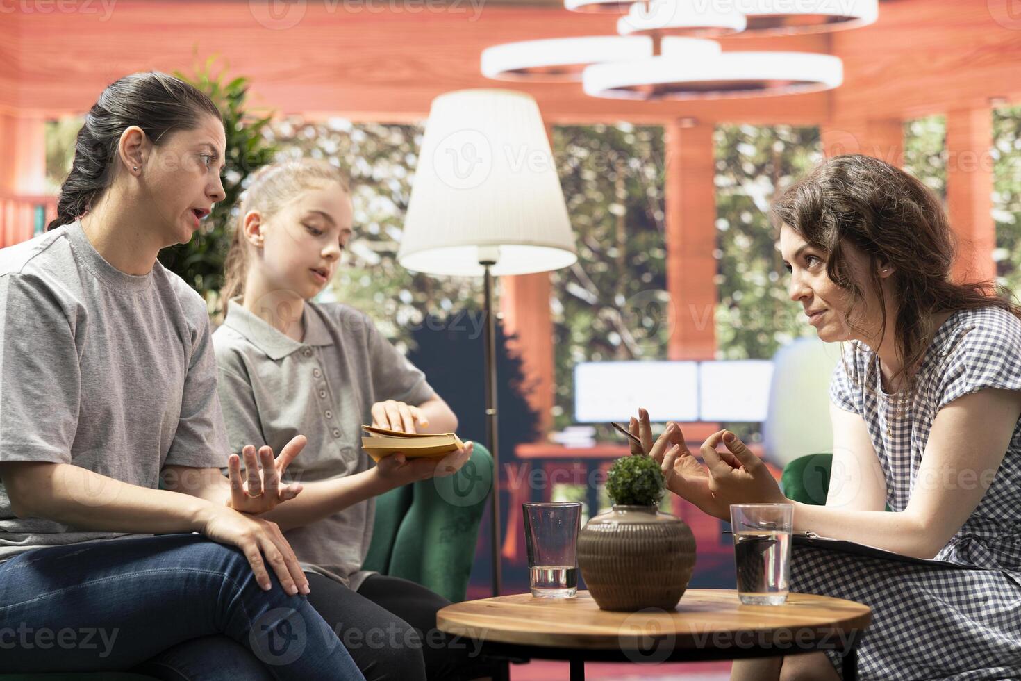 Therapist suggests an insightful self help book designed to address teen depression, guiding girl through recovery with effective coping techniques and deeper emotional understanding. photo