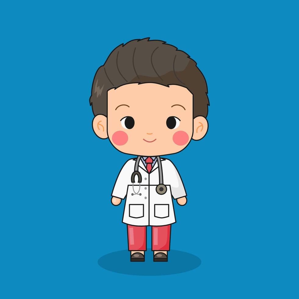 Flat character of cute male doctor with black curly hair on blue background vector