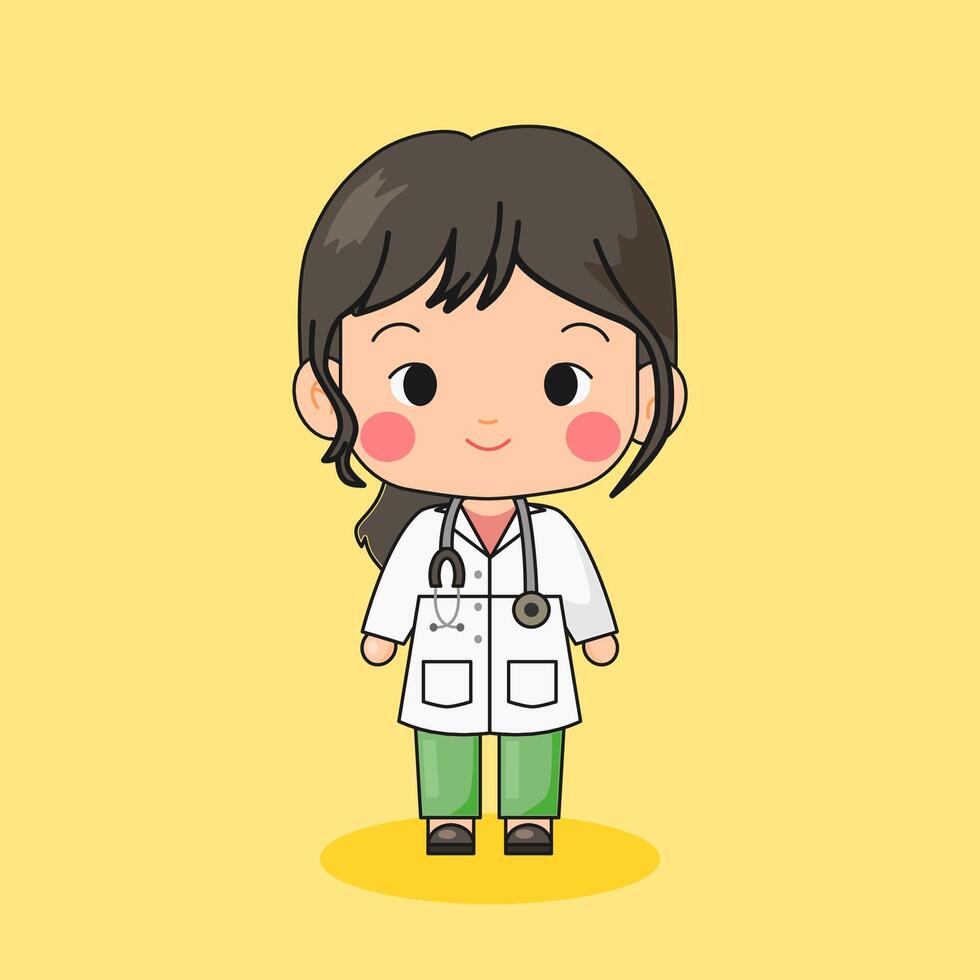 Flat character of young female doctor with bangs and white uniform on yellow background vector